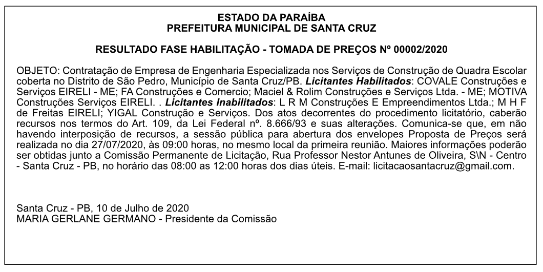 PREFEITURA MUNICIPAL DE SANTA CRUZ – RESULTADO FASE HABILITAÇÃO – TOMADA DE PREÇOS Nº 00002/2020