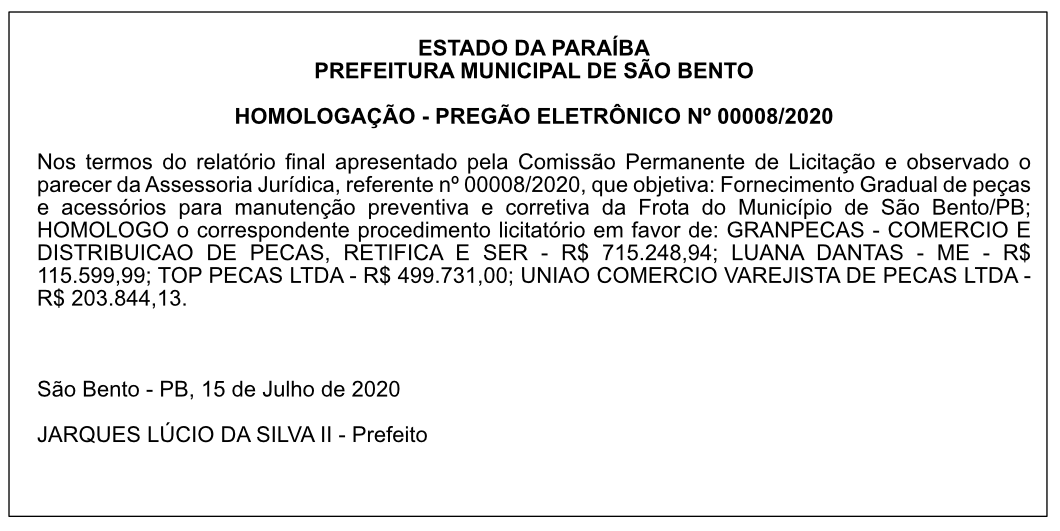 PREFEITURA MUNICIPAL DE SÃO BENTO – HOMOLOGAÇÃO – PREGÃO ELETRÔNICO Nº 00008/2020