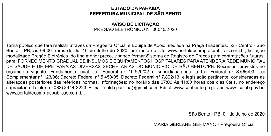 PREFEITURA MUNICIPAL DE SÃO BENTO – AVISO DE LICITAÇÃO – PREGÃO ELETRÔNICO Nº 00015/2020