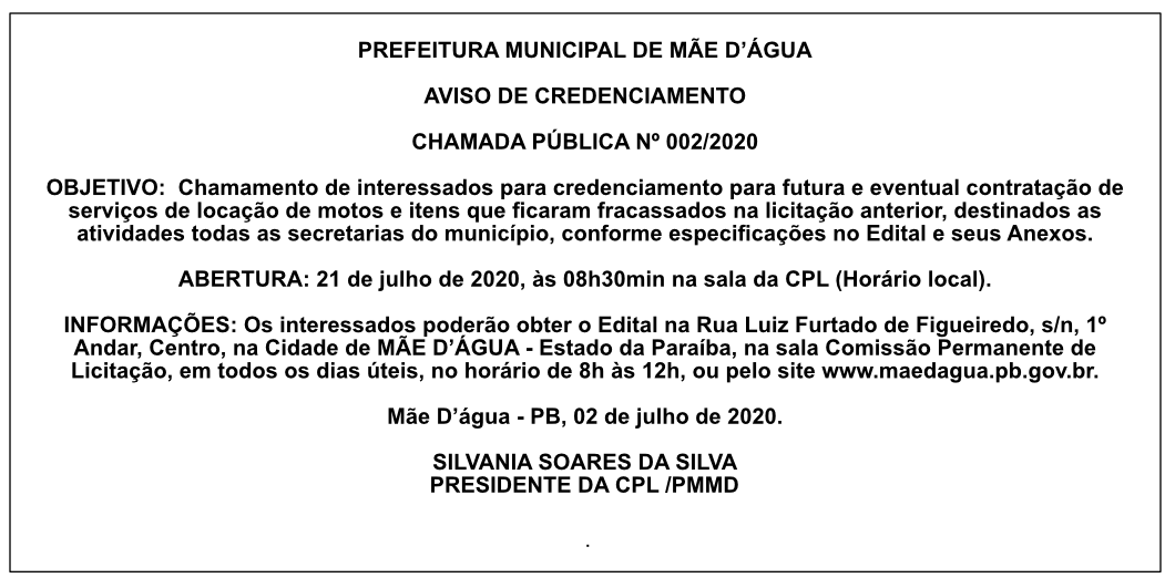 PREFEITURA MUNICIPAL DE MÃE D’ÁGUA – AVISO DE CREDENCIAMENTO – CHAMADA PÚBLICA Nº 002/2020