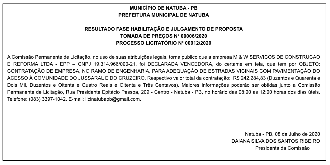 PREFEITURA MUNICIPAL DE NATUBA – TOMADA DE PREÇOS Nº 00006/2020 PROCESSO LICITATÓRIO Nº 00012/2020