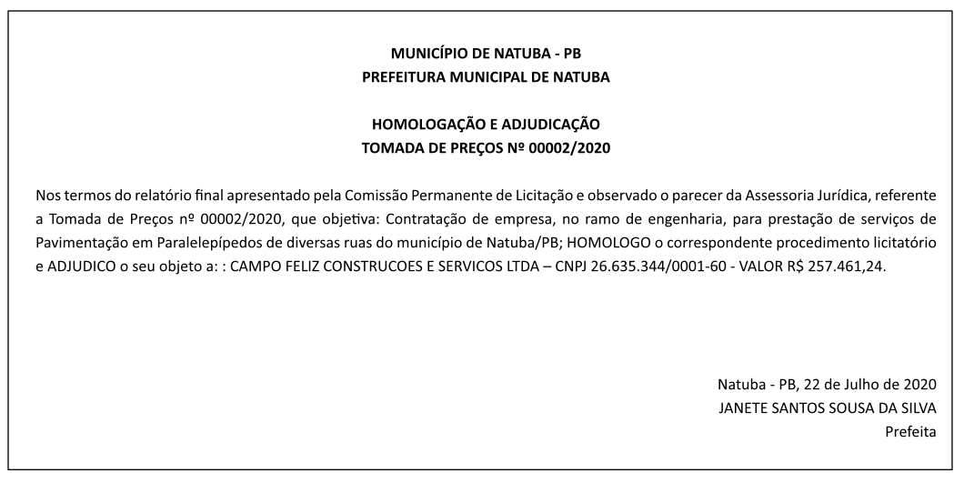 PREFEITURA MUNICIPAL DE NATUBA – HOMOLOGAÇÃO E ADJUDICAÇÃO – TOMADA DE PREÇOS Nº 00002/2020