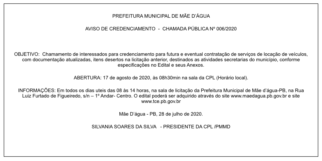PREFEITURA MUNICIPAL DE MÃE D’ÁGUA – AVISO DE CREDENCIAMENTO – CHAMADA PÚBLICA Nº 006/2020