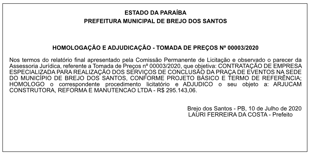 PREFEITURA MUNICIPAL DE BREJO DOS SANTOS – HOMOLOGAÇÃO E ADJUDICAÇÃO – TOMADA DE PREÇO Nº 00003/2020