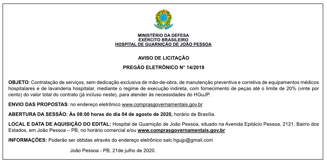 HOSPITAL DE GUARNIÇÃO DE JOÃO PESSOA – PREGÃO ELETRÔNICO N° 14/2019