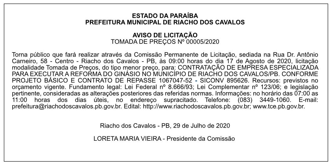 PREFEITURA MUNICIPAL DE RIACHO DOS CAVALOS – AVISO DE LICITAÇÃO – TOMADA DE PREÇOS Nº 00005/2020