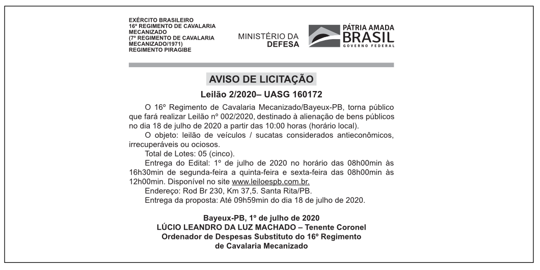 EXÉRCITO BRASILEIRO – AVISO DE LICITAÇÃO – LEILÃO 2/2020– UASG 160172