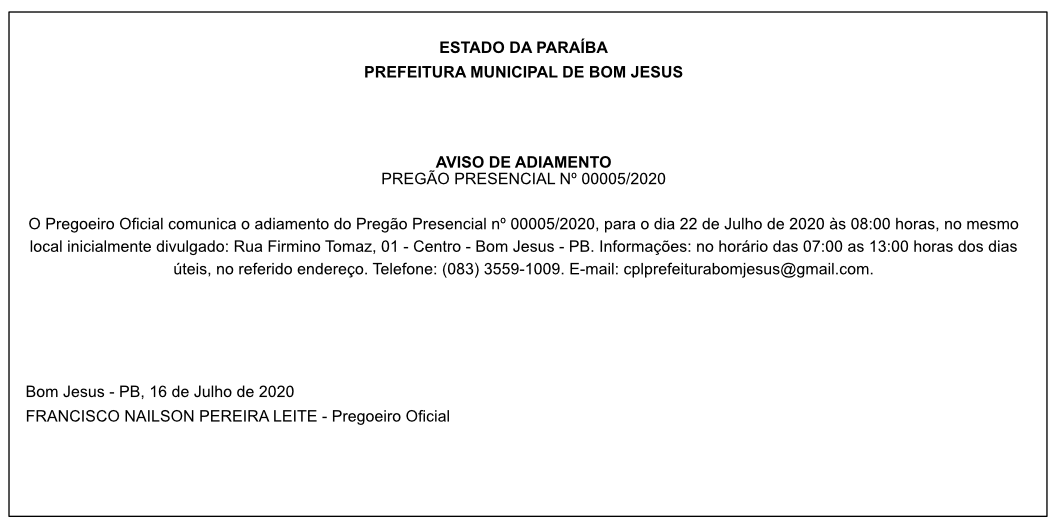 PREFEITURA MUNICIPAL DE BOM JESUS – AVISO DE ADIAMENTO – PREGÃO PRESENCIAL Nº 00005/2020
