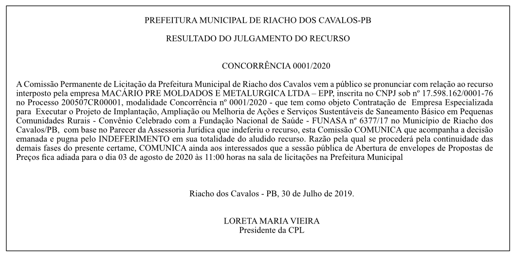 PREFEITURA MUNICIPAL DE RIACHO DOS CAVALOS – RESULTADO DO JULGAMENTO DO RECURSO – CONCORRÊNCIA 0001/2020