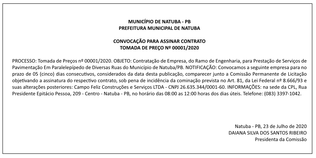 PREFEITURA MUNICIPAL DE NATUBA – CONVOCAÇÃO PARA ASSINAR CONTRATO – TOMADA DE PREÇO Nº 00001/2020