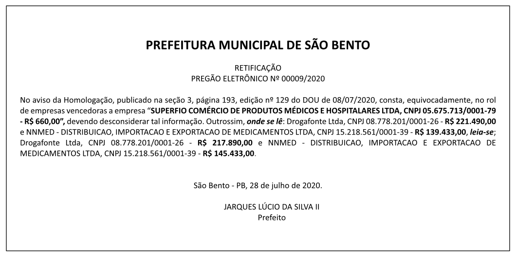 PREFEITURA MUNICIPAL DE SÃO BENTO – RETIFICAÇÃO – PREGÃO ELETRÔNICO Nº 00009/2020
