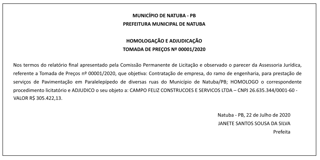 PREFEITURA MUNICIPAL DE NATUBA – HOMOLOGAÇÃO E ADJUDICAÇÃO – TOMADA DE PREÇOS Nº 00001/2020