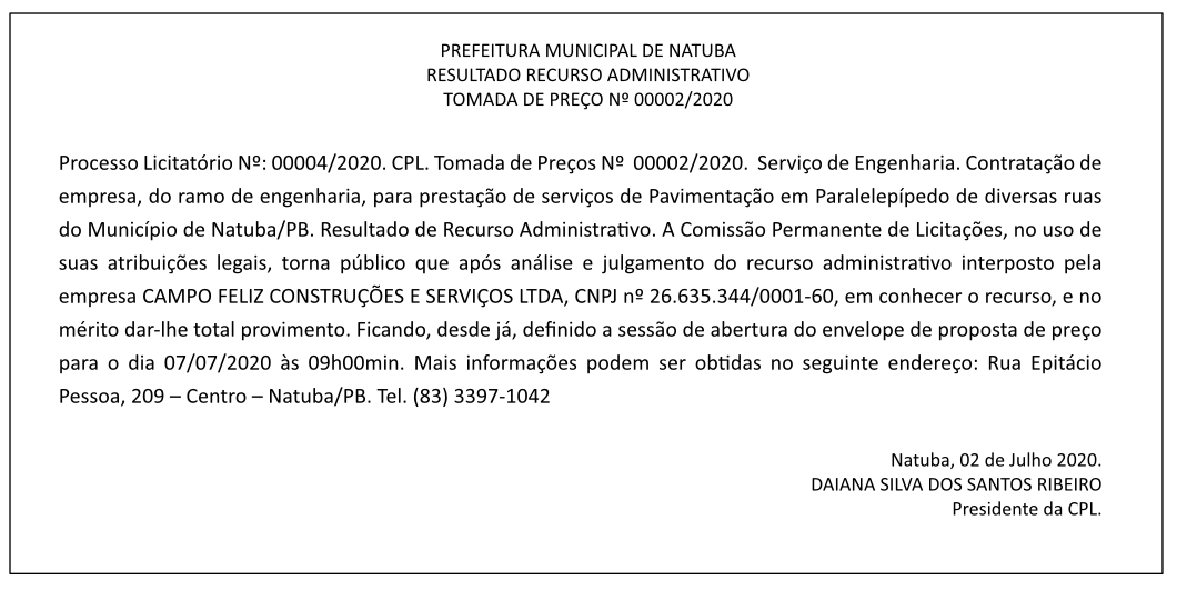 PREFEITURA MUNICIPAL DE NATUBA – TOMADA DE PREÇO Nº 00002/2020
