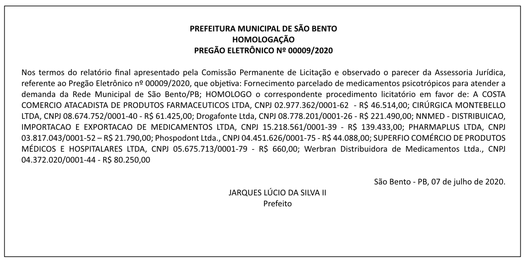 PREFEITURA MUNICIPAL DE SÃO BENTO – HOMOLOGAÇÃO – PREGÃO ELETRÔNICO Nº 00009/2020