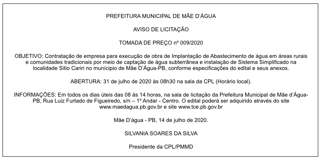 PREFEITURA MUNICIPAL DE MÃE D’ÁGUA – AVISO DE LICITAÇÃO – TOMADA DE PREÇO Nº 009/2020
