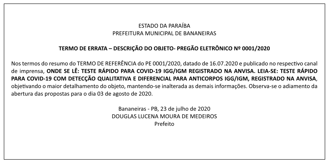 PREFEITURA MUNICIPAL DE BANANEIRAS – TERMO DE ERRATA – DESCRIÇÃO DO OBJETO- PREGÃO ELETRÔNICO Nº 0001/2020