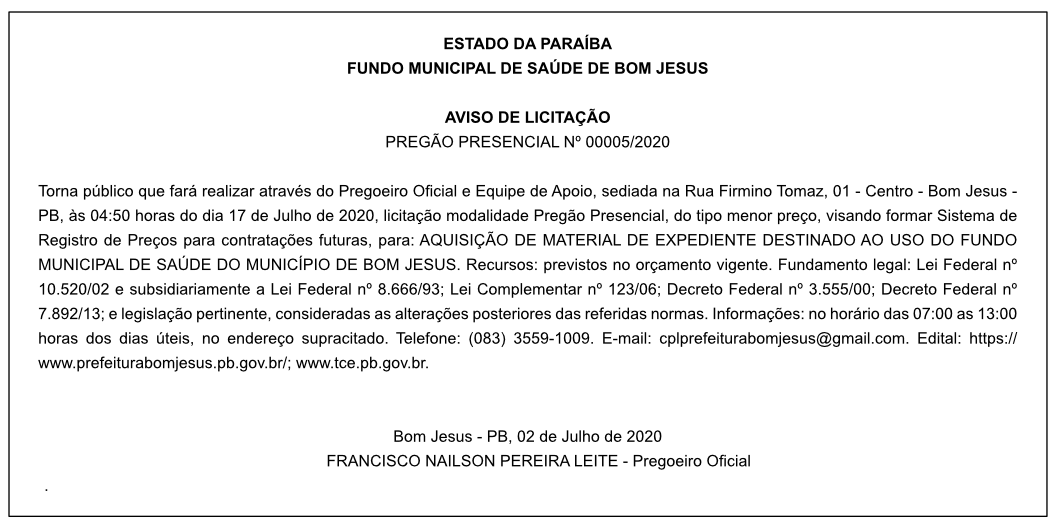 FUNDO MUNICIPAL DE SAÚDE DE BOM JESUS – AVISO DE LICITAÇÃO – PREGÃO PRESENCIAL Nº 00005/2020