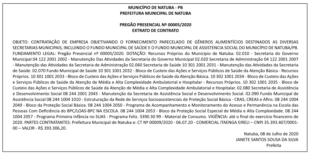 PREFEITURA MUNICIPAL DE NATUBA  – PREGÃO PRESENCIAL Nº 00005/2020 – EXTRATO DE CONTRATO