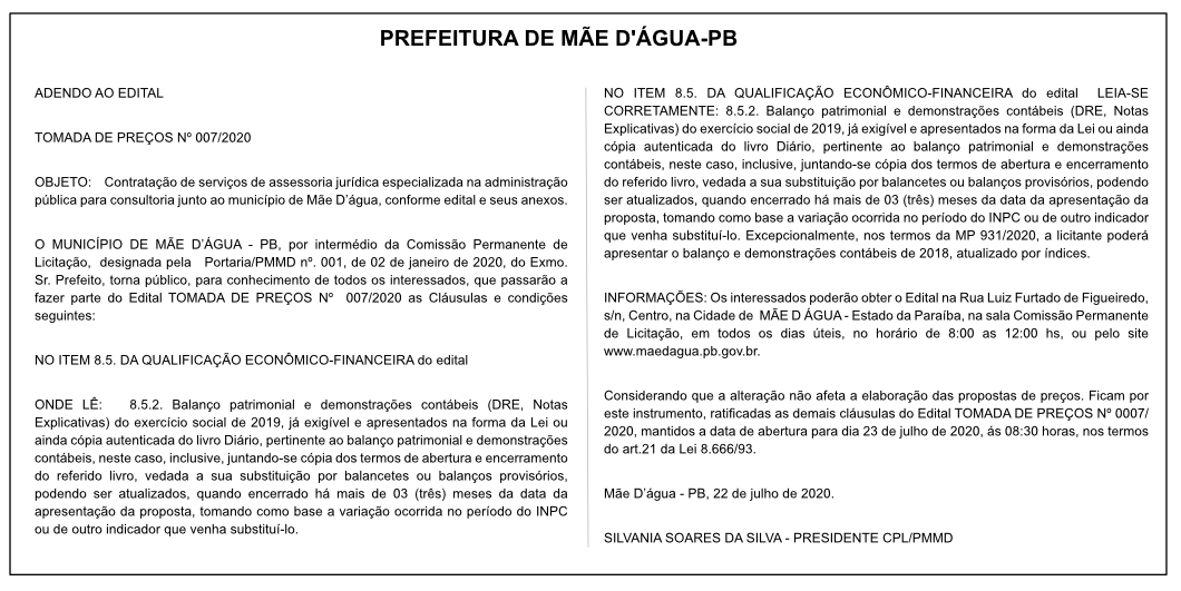 PREFEITURA DE MÃE D’ÁGUA – ADENDO AO EDITAL – TOMADA DE PREÇOS Nº 007/2020