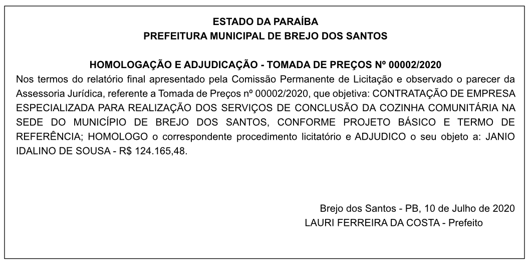 PREFEITURA MUNICIPAL DE BREJO DOS SANTOS – TOMADA DE PREÇOS Nº 00002/2020