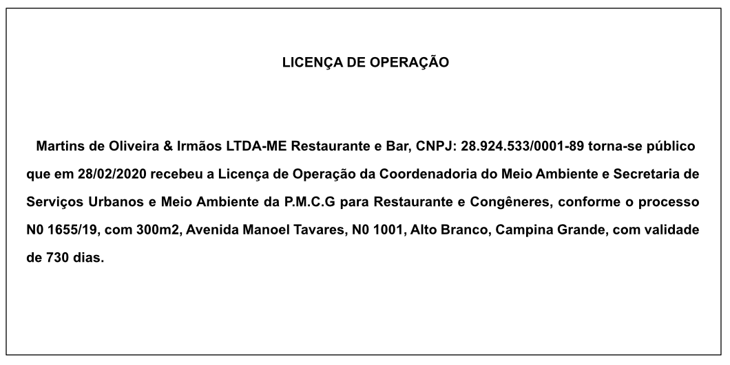 Martins de Oliveira & Irmãos LTDA – LICENÇA DE OPERAÇÃO