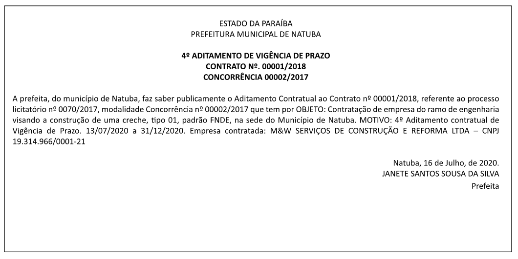 PREFEITURA MUNICIPAL DE NATUBA – 4º ADITAMENTO DE VIGÊNCIA DE PRAZO – CONTRATO Nº. 00001/2018 – CONCORRÊNCIA 00002/2017