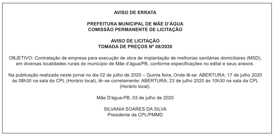 PREFEITURA MUNICIPAL DE MÃE D’ÁGUA –  AVISO DE ERRATA – TOMADA DE PREÇOS Nº 08/2020