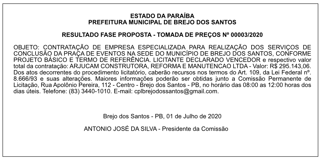 PREFEITURA MUNICIPAL DE BREJO DOS SANTOS – RESULTADO FASE PROPOSTA – TOMADA DE PREÇOS Nº 00003/2020