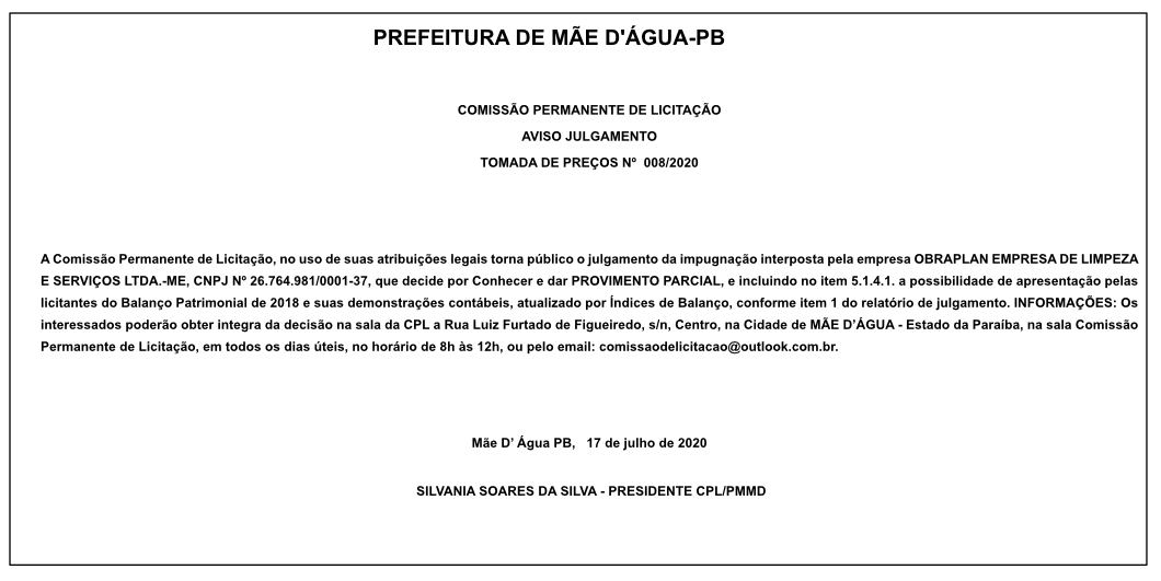 PREFEITURA DE MAE DAGUA – AVISO JULGAMENTO –  TOMADA DE PREÇOS Nº  008/2020
