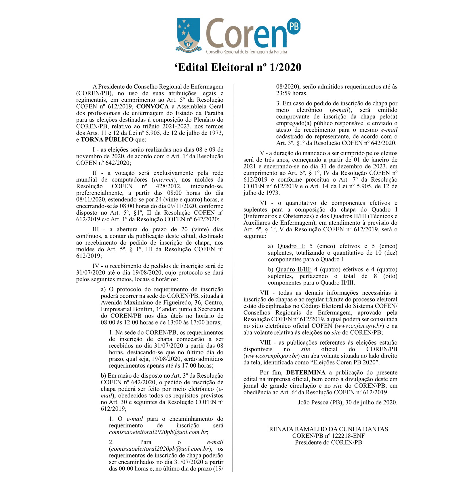 Coren – Edital Eleitoral nº 1/2020