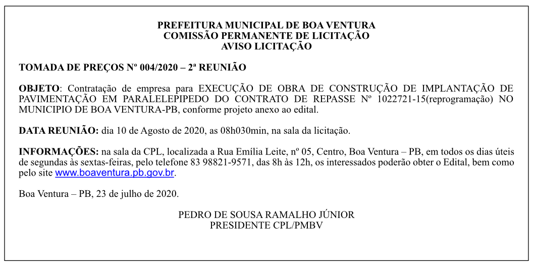 PREFEITURA MUNICIPAL DE BOA VENTURA – AVISO LICITAÇÃO – TOMADA DE PREÇOS Nº 004/2020 – 2ª REUNIÃO