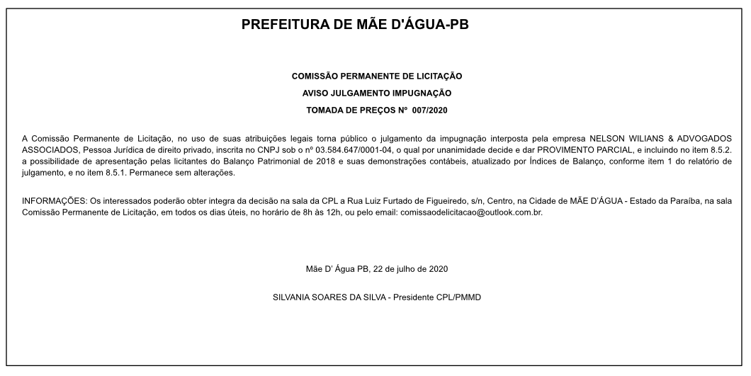 PREFEITURA DE MAE DAGUA – AVISO JULGAMENTO IMPUGNAÇÃO – TOMADA DE PREÇOS Nº  007/2020