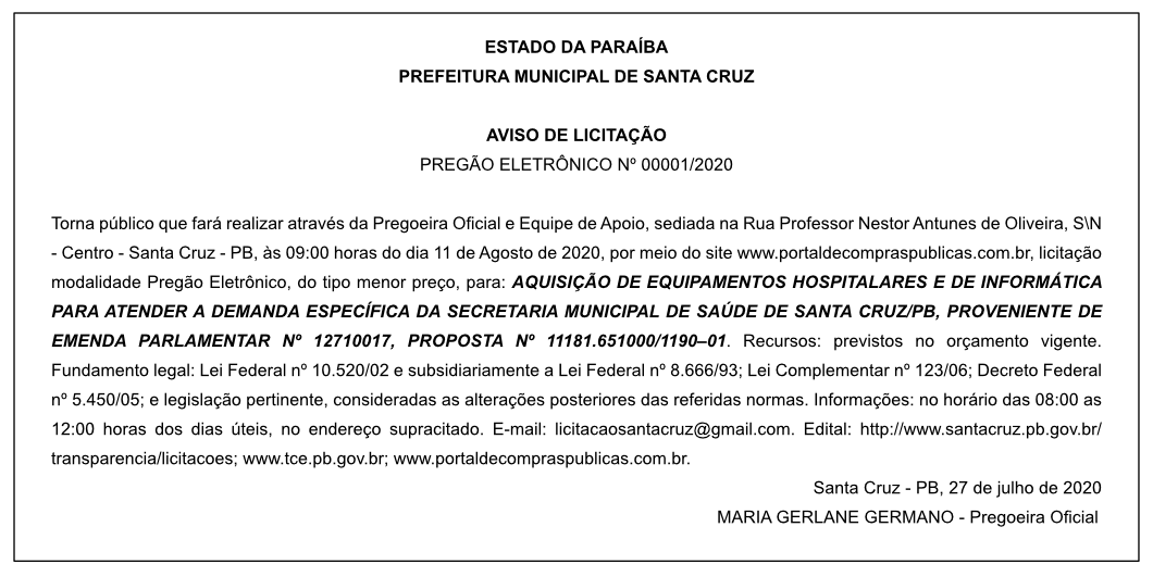 PREFEITURA MUNICIPAL DE SANTA CRUZ – AVISO DE LICITAÇÃO – PREGÃO ELETRÔNICO Nº 00001/2020