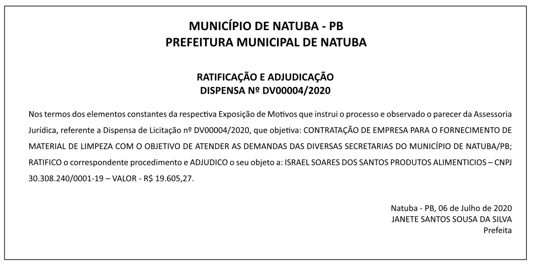 PREFEITURA MUNICIPAL DE NATUBA – RATIFICAÇÃO E ADJUDICAÇÃO DISPENSA Nº DV00004/2020
