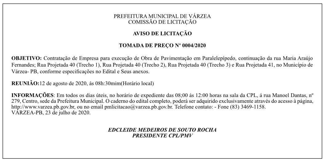 PREFEITURA MUNICIPAL DE VÁRZEA – TOMADA DE PREÇO Nº 0004/2020