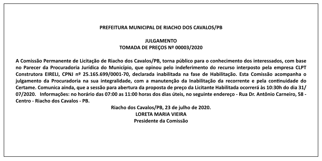 PREFEITURA MUNICIPAL DE RIACHO DOS CAVALOS – JULGAMENTO – TOMADA DE PREÇOS No 00003/2020