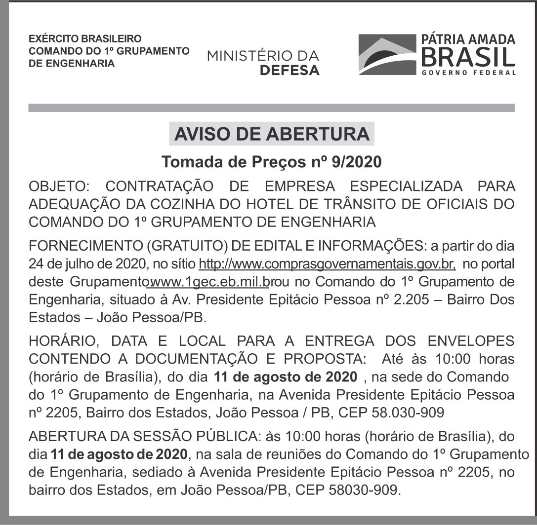 1º GRUPAMENTO DE ENGENHARIA – AVISO DE ABERTURA – TOMADA DE PREÇOS Nº 09/2020