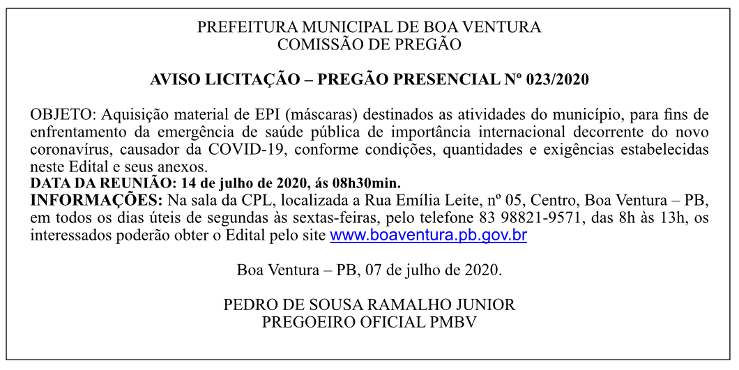 PREFEITURA MUNICIPAL DE BOA VENTURA – PREGÃO PRESENCIAL Nº 023/2020