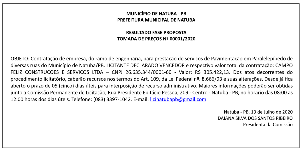 PREFEITURA MUNICIPAL DE NATUBA – RESULTADO FASE PROPOSTA TOMADA DE PREÇOS Nº 00001/2020