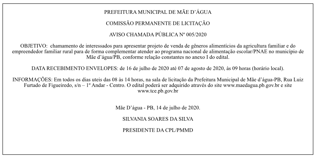 PREFEITURA MUNICIPAL DE MÃE D’ÁGUA – AVISO CHAMADA PÚBLICA Nº 005/2020