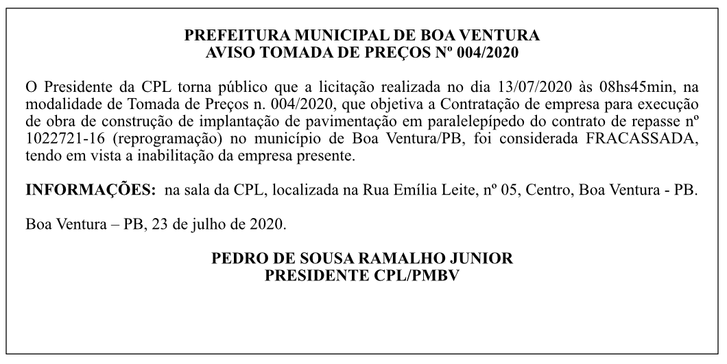 PREFEITURA MUNICIPAL DE BOA VENTURA – TOMADA DE PREÇOS Nº 004/2020