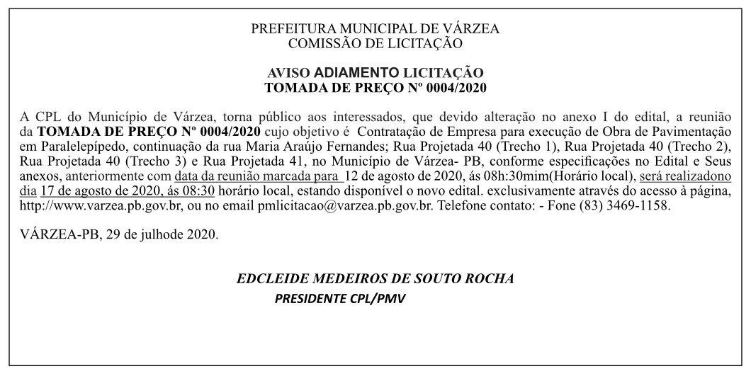 PREFEITURA MUNICIPAL DE VÁRZEA – COMISSÃO DE LICITAÇÃO – AVISO ADIAMENTO LICITAÇÃO – TOMADA DE PREÇO Nº 0004/2020