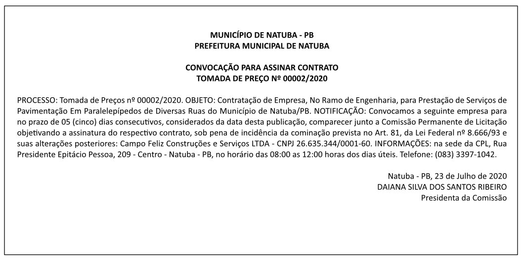 PREFEITURA MUNICIPAL DE NATUBA – CONVOCAÇÃO PARA ASSINAR CONTRATO – TOMADA DE PREÇO Nº 00002/2020