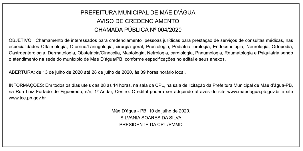 PREFEITURA MUNICIPAL DE MÃE D’ÁGUA –  AVISO DE CREDENCIAMENTO – CHAMADA PÚBLICA Nº 004/202