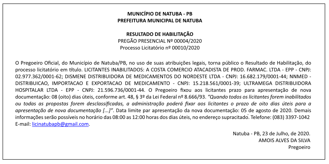 PREFEITURA MUNICIPAL DE NATUBA – PREGÃO PRESENCIAL Nº 00004/2020 – Processo Licitatório nº 00010/2020