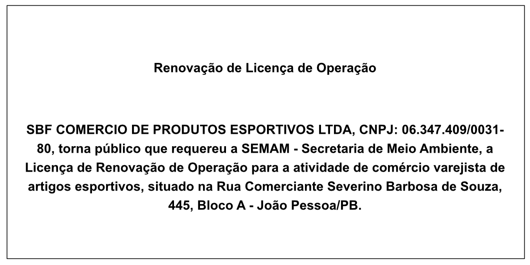 SBF COMERCIO DE PRODUTOS ESPORTIVOS LTDA – RENOVAÇÃO DE LICENÇA DE OPERAÇÃO