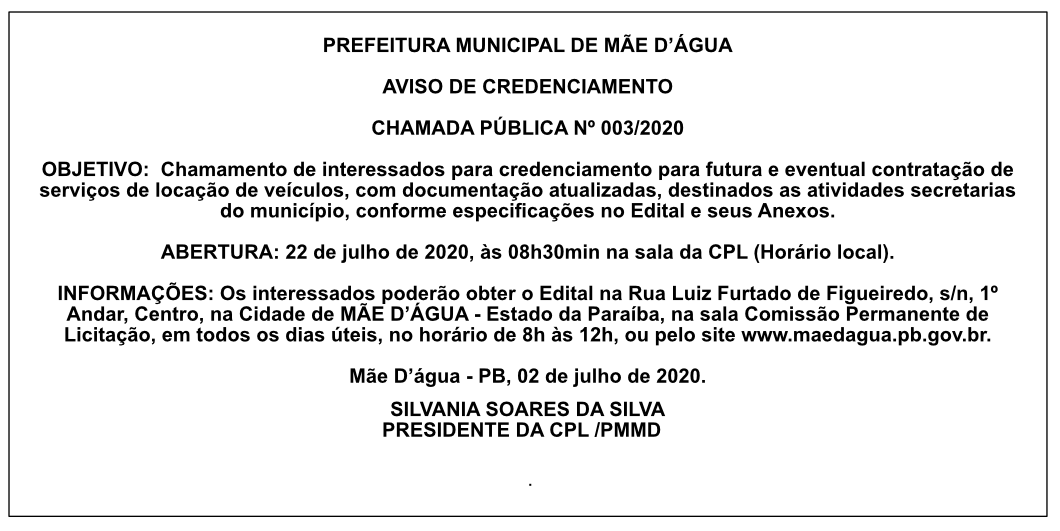 PREFEITURA MUNICIPAL DE MÃE D’ÁGUA – AVISO DE CREDENCIAMENTO – CHAMADA PÚBLICA Nº 003/2020