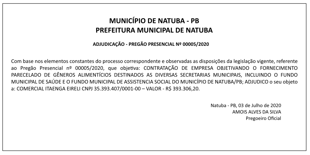PREFEITURA MUNICIPAL DE NATUBA – ADJUDICAÇÃO – PREGÃO PRESENCIAL Nº 00005/2020