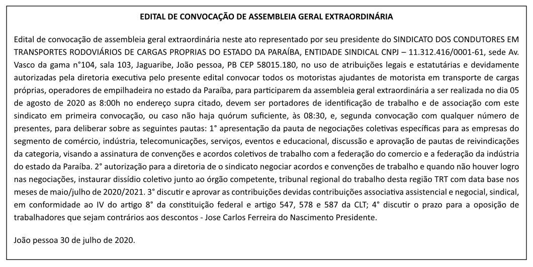 SINDICAPRO-PB – EDITAL DE CONVOCAÇÃO DE ASSEMBLEIA GERAL EXTRAORDINÁRIA