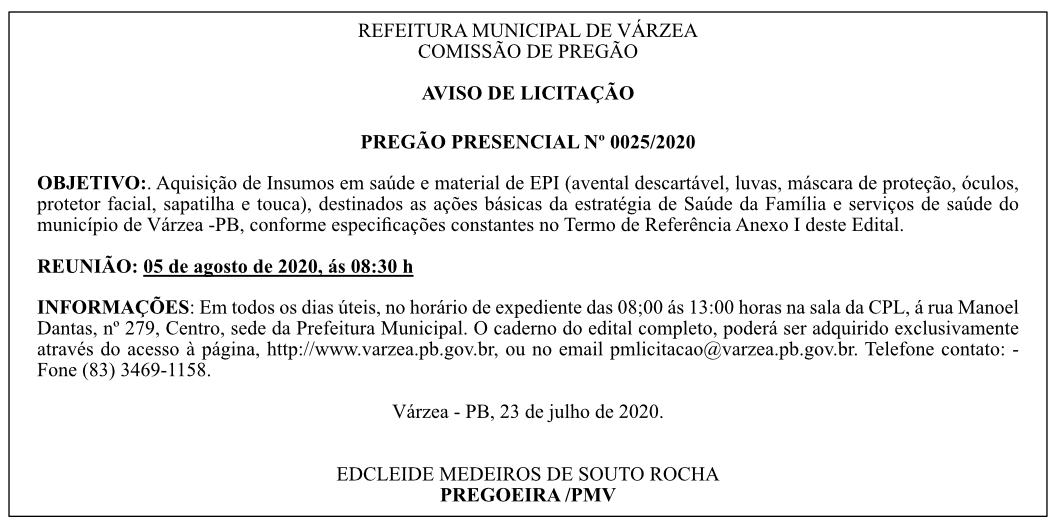 PREFEITURA MUNICIPAL DE VÁRZEA – PREGÃO PRESENCIAL Nº 0025/2020